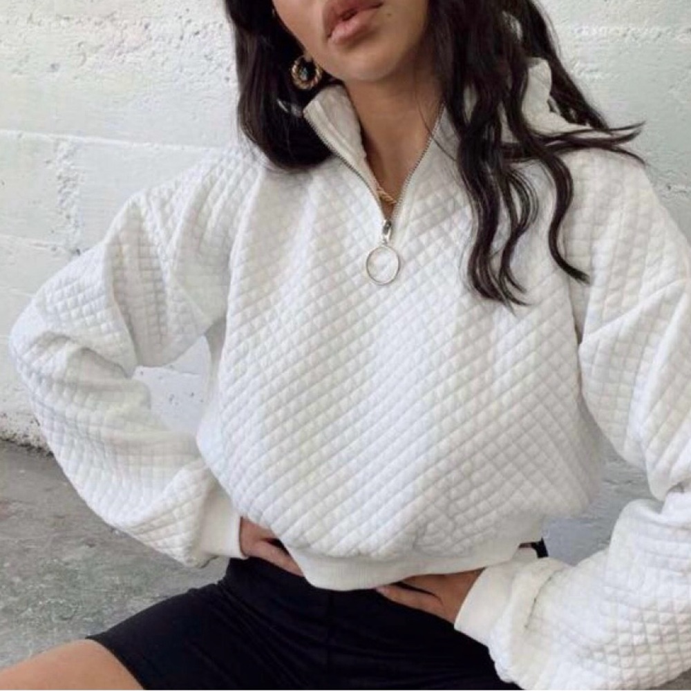 Princess Polly Paloma Quilted Quarter Zip Cropped Sweater in White Size 4 Small